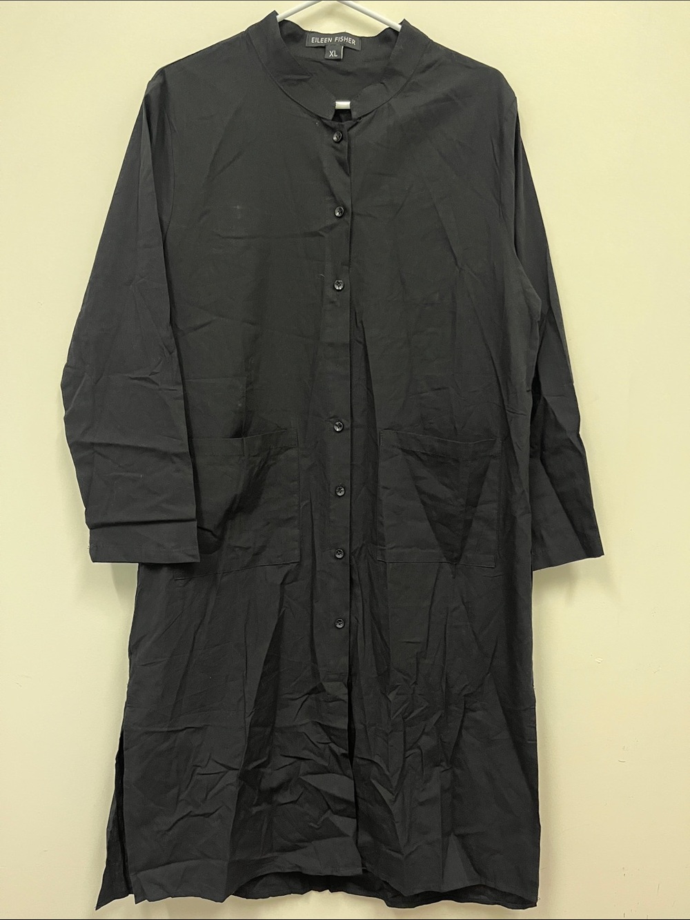 Eileen Fisher Black Longline Mandarin Collar Button-Down Shirt size XL